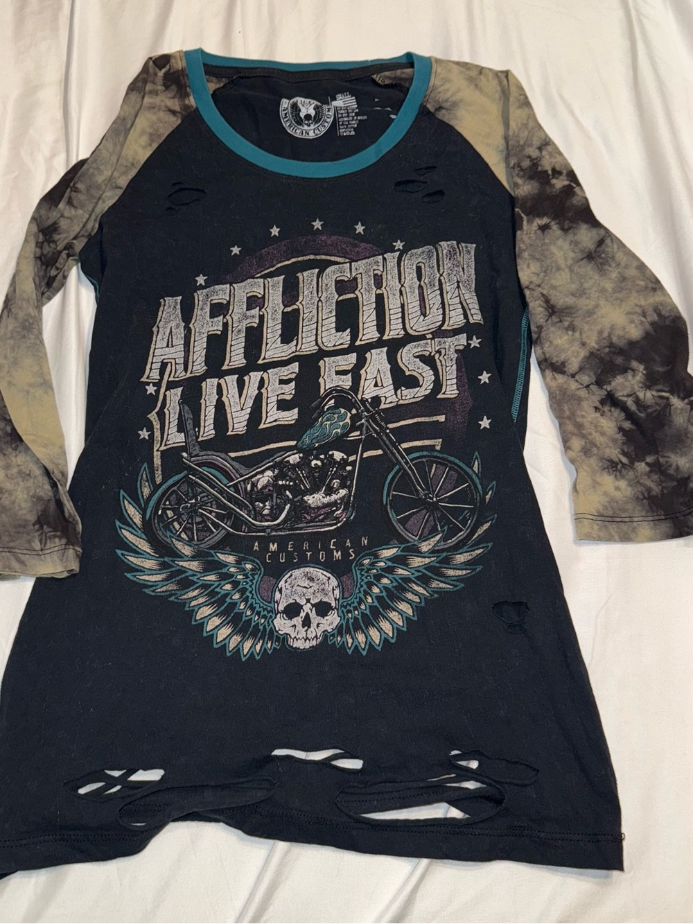 Affliction Black Teal Graphic Raglan Tee - Live Fast